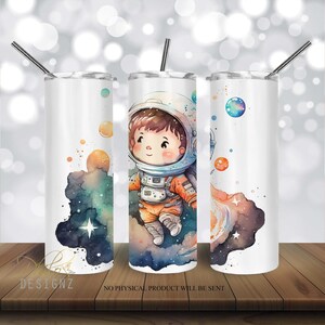 Pequeño vaso de acuarela de astronauta, diseño de sublimación de vaso flaco de 20 oz, envoltura de vaso cónico y recto espacial PNG, niño astronauta, PNG