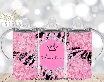 Pink Glitter Sippy Cup Wrap, 12oz Sippy Cup Sublimation Designs, 12oz Tumbler Wrap PNG, Leopard Print Cute Sippy Cup Wrap, Kids Water Bottle