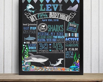 May include: A black chalkboard birthday sign with a blue and grey shark theme. The sign says "Levi's Fifth Birthday" and includes details about Levi's favourite things, including sharks, riding his bike, and playing with water. The sign also includes his height and weight: 38 inches tall and 43 pounds.