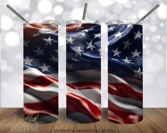 3D American Flag 4th of July tumbler 20 oz Skinny Tumbler Sublimation Design, 3D Flying Flag Patriotic Straight & Tapered Tumbler Wrap PNG