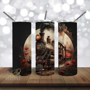Vintage Train Rail Transport 20 oz Skinny Tumbler Sublimation Design, Red Gold Train Straight & Tapered Tumbler Wrap PNG, Digital Download