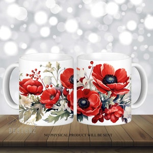 Anemone Watercolor Floral Mug Wrap, 12 oz And 15 Oz Mug Sublimation Design, Red Anemone Mug Sublimation, Mug Wrap PNG Digital download