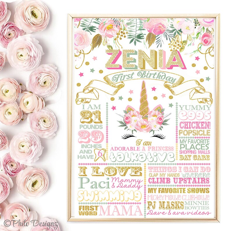 May include: A pink and gold first birthday sign with a unicorn illustration and the name "ZENIA". The sign lists the child's age, weight, height, favorite foods, and activities.