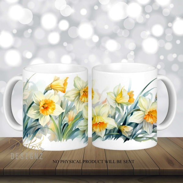 Daffodils Watercolor Floral Mug Wrap, 12 oz And 15 Oz Mug Sublimation Design, Daffodil Floral Mug Sublimation, Mug Wrap PNG Digital download