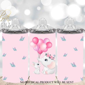 Baby Elephant Pink 12 OZ Sippy Cup Sublimation Design, Butterfly Sublimation Cup Template, Kids Straight Tumbler Design PNG, Sippy Cup Wrap