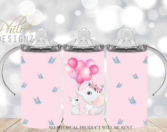 Baby Elephant Pink 12 OZ Sippy Cup Sublimation Design, Butterfly Sublimation Cup Template, Kids Straight Tumbler Design PNG, Sippy Cup Wrap