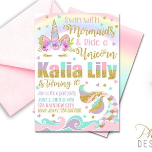 Mermaid And Unicorn Birthday Invitation, Magical Unicorn and Mermaid Invitation, Unicorn Mermaid Invite, Magical Birthday Invitation