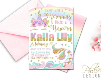 Mermaid And Unicorn Birthday Invitation, Magical Unicorn and Mermaid Invitation, Unicorn Mermaid Invite, Magical Birthday Invitation