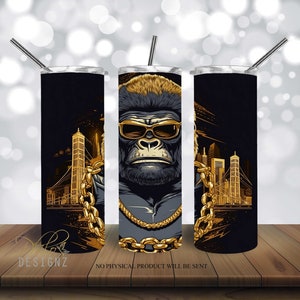 Gorilla wearing gold chain tumbler, 20 oz Skinny Tumbler Sublimation Design, Gorilla Straight & Tapered Tumbler Wrap PNG, Instant Download