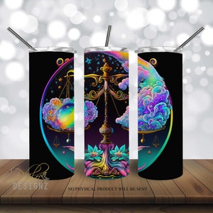 May include: A sublimation design featuring the Libra zodiac sign with a colorful, celestial background. The design is perfect for creating custom tumblers, mugs, or other personalized items.