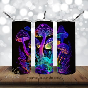 Neon Mushrooms Tumbler, Bright Glow 20 oz Skinny Tumbler Sublimation Design, Straight & Tapered Tumbler Wrap PNG, Instant Download PNG