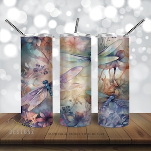Dragonflies Watercolor Pastel 20 oz Skinny Tumbler Sublimation Design, Straight & Tapered Tumbler Wrap PNG, Instant Digital Download PNG