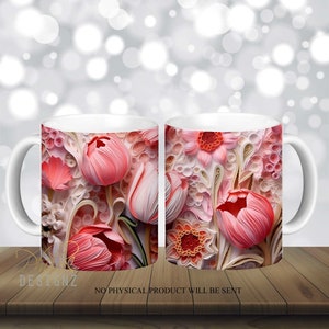 3D Tulpen rosa weiße Blumen Tasse Sublimation Design digitaler Download PNG 3D Tulpen weiß und rosa Blumen 12 oz 15 oz Tassen Warp Tulip PNG