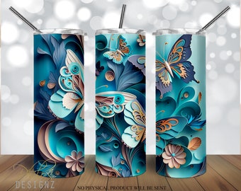 Butterfly Quilling Floral 20 oz Skinny Tumbler Sublimation Design, Straight & Tapered Tumbler Wrap PNG, Quilled butterfly Digital Download