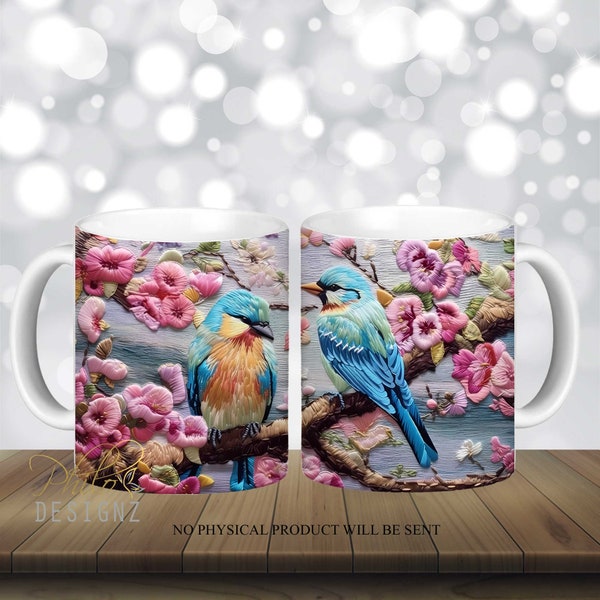 Embroidery Bird Floral Mug Wrap, 12 oz And 15 Oz Mug Sublimation Design, Embroidery Mug Sublimation, Birds Mug Wrap PNG Digital download