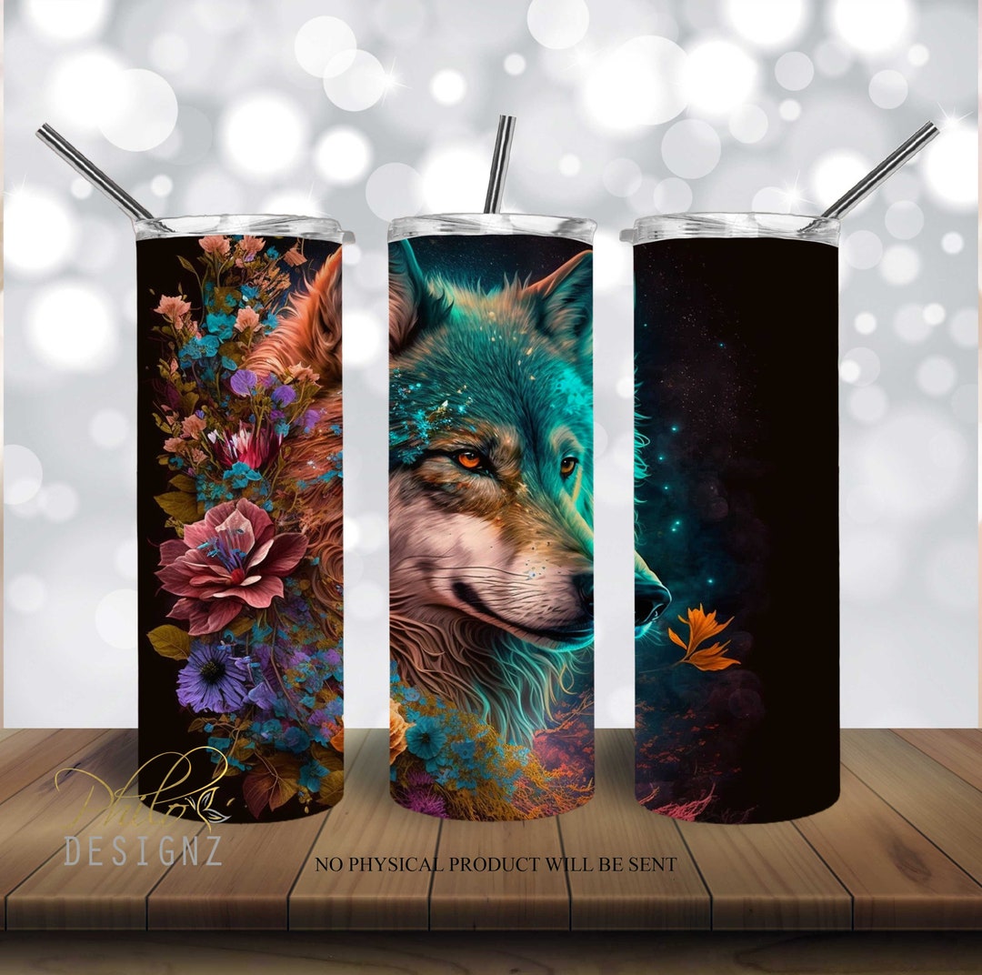 Wolf Fantasy Floral 20 Oz Skinny Tumbler Sublimation Design, Instant ...