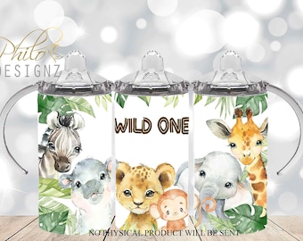 Safari Animals Sippy Cup Design, 12oz Sippy Cup Sublimation Design, Elephant, Zebra Baby Wild One Flip Top Water bottle Wrap, Tumbler Wrap