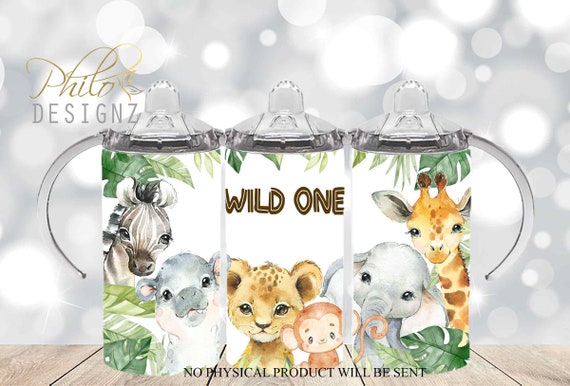 Safari Animals Sippy Cup Design, 12oz Sippy Cup Sublimation Design, Elephant, Zebra Baby Wild One Flip Top Water bottle Wrap, Tumbler Wrap