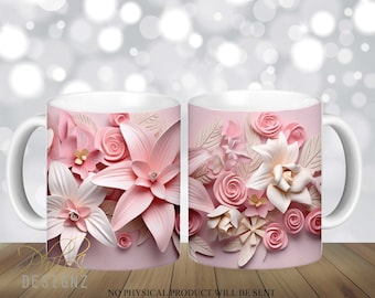 3D wit roze lelies bloemen mok sublimatie ontwerp digitale download PNG 3D lelies witte en roze bloemen 12 oz en 15 oz mokken Warp PNG