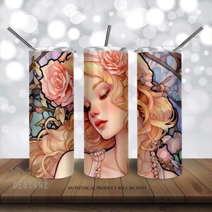 Stained Glass Vintage Lady 20 oz Skinny Tumbler Sublimation Design, Roses Straight & Tapered Tumbler Wrap PNG, Instant Digital Download PNG