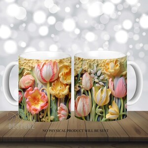 3D Tulpen gelb rosa Blumen Tasse Sublimation Design digitaler Download PNG 3D Tulpen weiß und rosa Blumen 12 oz 15 oz Tassen Warp Tulip PNG
