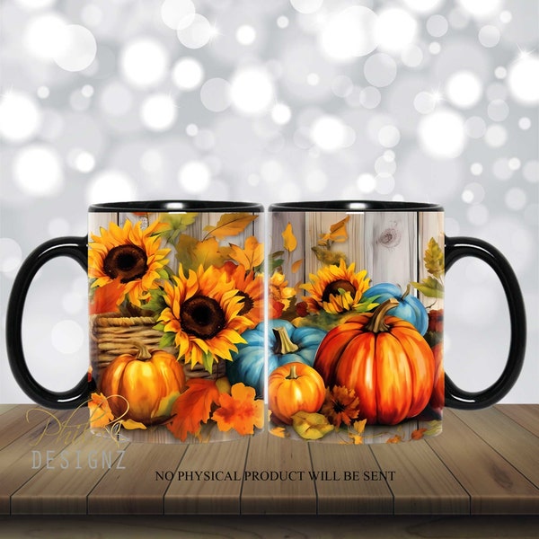 Pumpkins Sunflowers Watercolor Mug Wrap, 12 oz And 15 Oz Mug Sublimation Design, Sunflower Mug Sublimation,Mug Wrap PNG Digital download