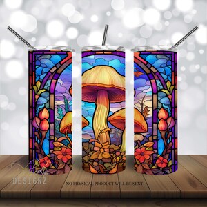 Pilze Buntglas Becher, Pilze 20 oz Skinny Becher Sublimation Design, gerade & konisch Becher Wrap PNG, sofortiger Download PNG