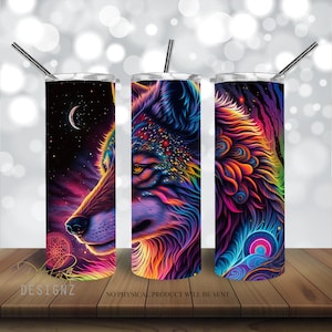 Whimsical Wolf 20 oz Skinny Tumbler Sublimation Design, Instant Digital Download PNG, Mystical Wolf Straight & Tapered Tumbler Wrap PNG
