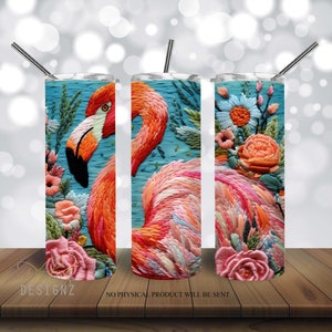 Bestickter Flamingo Becher 20 oz Skinny Tumbler Sublimation Design, 3D Flamingo Straight & Tapered Tumbler Wrap, Sofortiger Download PNG