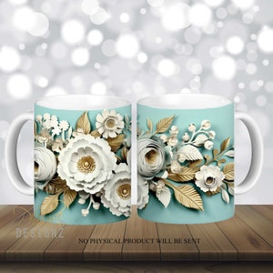 3D Flowers Turquoise Gold Pearls Mug Wrap, 12 oz 15 Oz Mug Sublimation Design, 3D Floral Mug Sublimation, Mug Wrap PNG Digital download