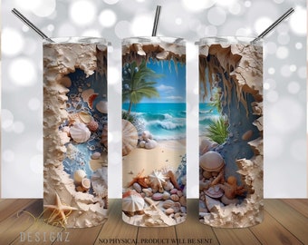 3D Cracked Wall Beach Sea Shells tumbler 20 oz Skinny Tumbler Sublimation Design, Island Beach Straight & Tapered Tumbler Wrap PNG, Digital