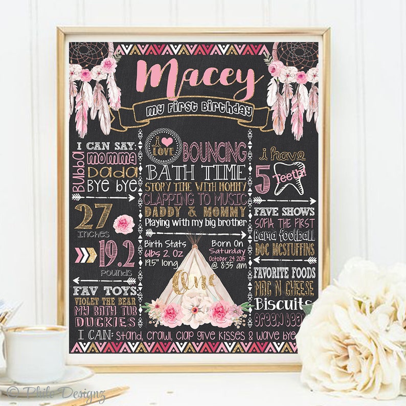 Pink Gold Teepee Sign Boho chalkboard SALE Tribal First Birthday Poster Pink Teal Boho Teepee Party Peach gold Girl Tribal Birthday
