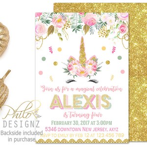SALE Unicorn Birthday Invitation, Whimsical Unicorn Invite, Magical Unicorn Invitation, Floral Unicorn Invitation, Pink Gold Unicorn Party