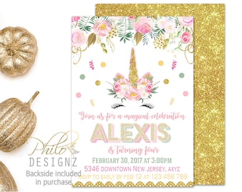 SALE Unicorn Birthday Invitation, Whimsical Unicorn Invite, Magical Unicorn Invitation, Floral Unicorn Invitation, Pink Gold Unicorn Party