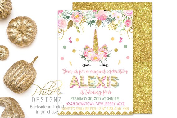SALE Unicorn Birthday Invitation, Whimsical Unicorn Invite, Magical Unicorn Invitation, Floral Unicorn Invitation, Pink Gold Unicorn Party