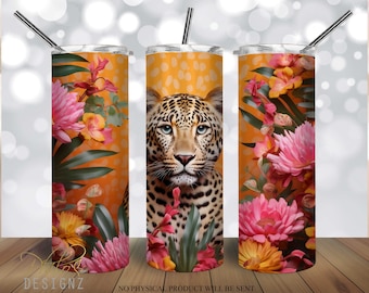 Leopard Floral Tumbler 20 oz Skinny Tumbler Sublimation Design, Descarga digital instantánea PNG, Leopard Straight & Tapered Tumbler Wrap PNG