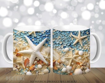 3D Seashells Starfish Mug Sublimation Design Digital Download PNG 3D Starfish Pearls Mug Wrap, Beach 12 oz and 15 oz Mugs Warp PNG, Instant