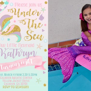 May include: Invitation to an "Under the Sea" themed birthday party for a girl named Kathryn turning eight. The invitation features a mermaid tail with pink, purple, and teal scales, gold glitter, and a pink ribbon. The text "Please join us Under the Sea Our Little Mermaid Kathryn is turning eight" is written on the invitation. The invitation also includes the date, time, location, and RSVP information.