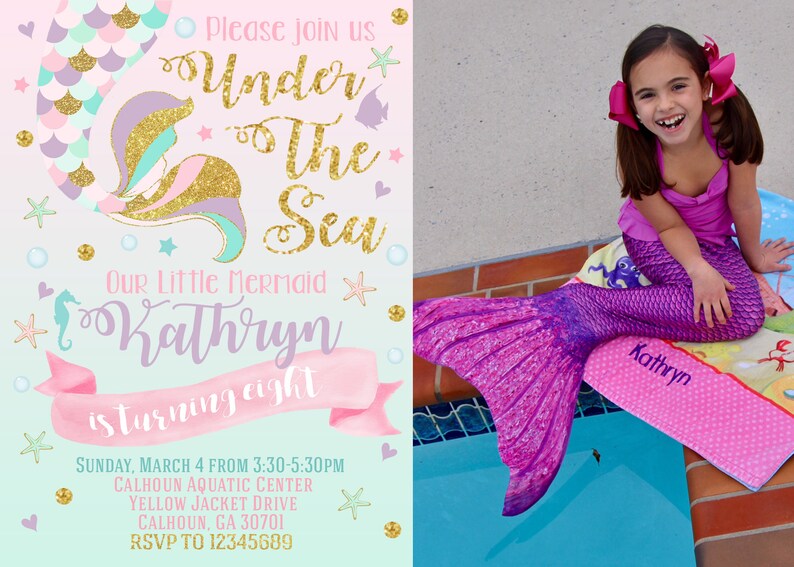 May include: Invitation to an "Under the Sea" themed birthday party for a girl named Kathryn turning eight. The invitation features a mermaid tail with pink, purple, and teal scales, gold glitter, and a pink ribbon. The text "Please join us Under the Sea Our Little Mermaid Kathryn is turning eight" is written on the invitation. The invitation also includes the date, time, location, and RSVP information.