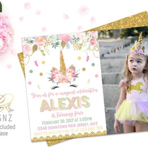 May include: A pink and gold unicorn birthday invitation with a photo of a young girl wearing a unicorn headband and a rainbow tutu. The invitation says "Join us for a magical celebration Alexis is Turning Four" with the date and time of the party. RSVP information is included at the bottom.