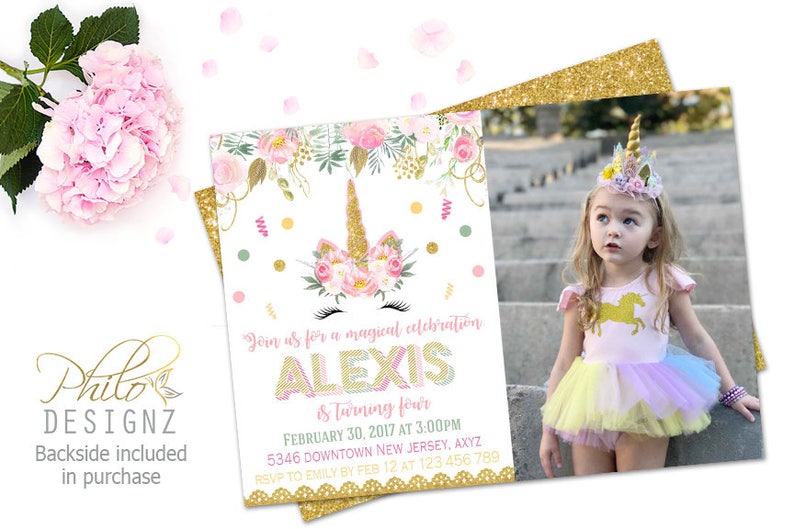May include: A pink and gold unicorn birthday invitation with a photo of a young girl wearing a unicorn headband and a rainbow tutu. The invitation says "Join us for a magical celebration Alexis is Turning Four" with the date and time of the party. RSVP information is included at the bottom.