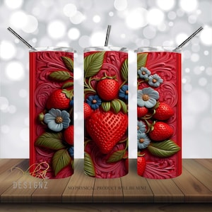 3D Strawberry Tumbler 20 oz Skinny Tumbler Sublimation Design, 3d Fruit Floral Straight & Tapered Tumbler Wrap PNG, Instant Download PNG