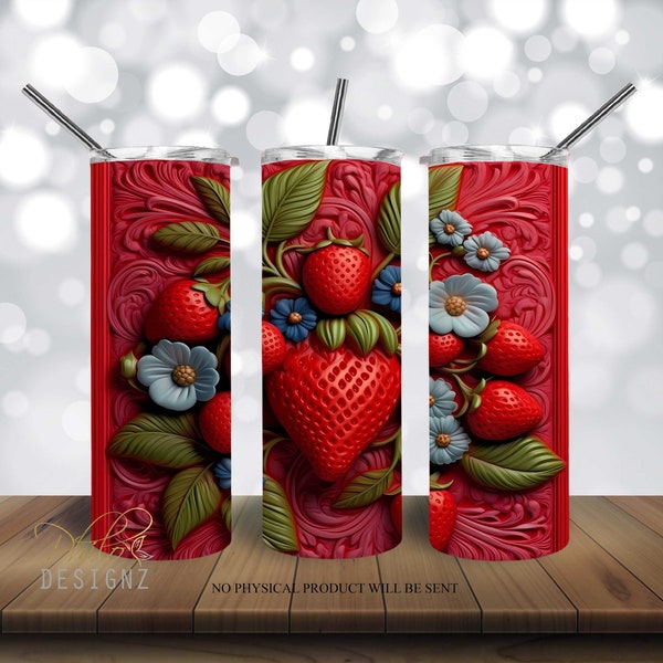 3D Strawberry Tumbler 20 oz Skinny Tumbler Sublimation Design, 3d Fruit Floral Straight & Tapered Tumbler Wrap PNG, Téléchargement instantané PNG