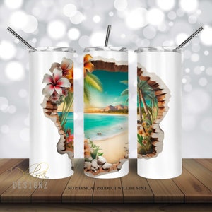 3D gebarsten muur Luau strand bloemen 20 oz mager Tumbler sublimatie ontwerp, rechte & taps toelopende Tumbler Wrap PNG, Coaster digitale download