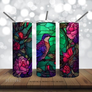 Hummingbird Stained Flowers Glass 20 oz Skinny Tumbler Sublimation Design, Floral Straight & Tapered Tumbler Wrap PNG, Instant Download PNG