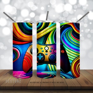 May include: Three colorful stainless steel tumblers with a gamer controller design. The tumblers have a blue, yellow, red, green, and purple abstract design with a video game controller in the center.