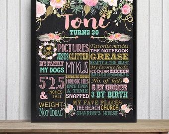 Adult 30th Birthday chalkboard,  Floral chalk board Birthday Chalkboard,20th 40th 50th birthday, Adult milestone sign, Boho, Any Age