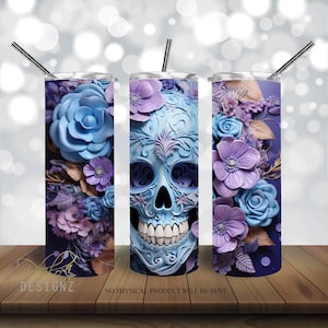 Skull with Purple Blue Flowers 20 oz Skinny Tumbler Sublimation Design, Skull Straight & Tapered Tumbler Wrap PNG, Skull Floral Tumbler PNG