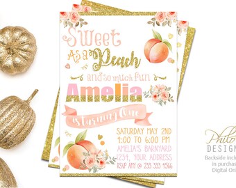 Peach First birthday invitation , Sweet as a peach invite,  Peach Birthday Party Invitation, Peach Bridal Shower Digital