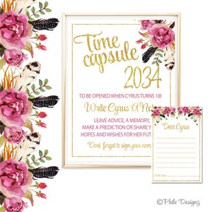 Sinal da cápsula do tempo de boho, cápsula do tempo do primeiro aniversário, sinal floral da cápsula do tempo primeiro aniversário, cartão de nota correspondente, presente de aniversário para ela